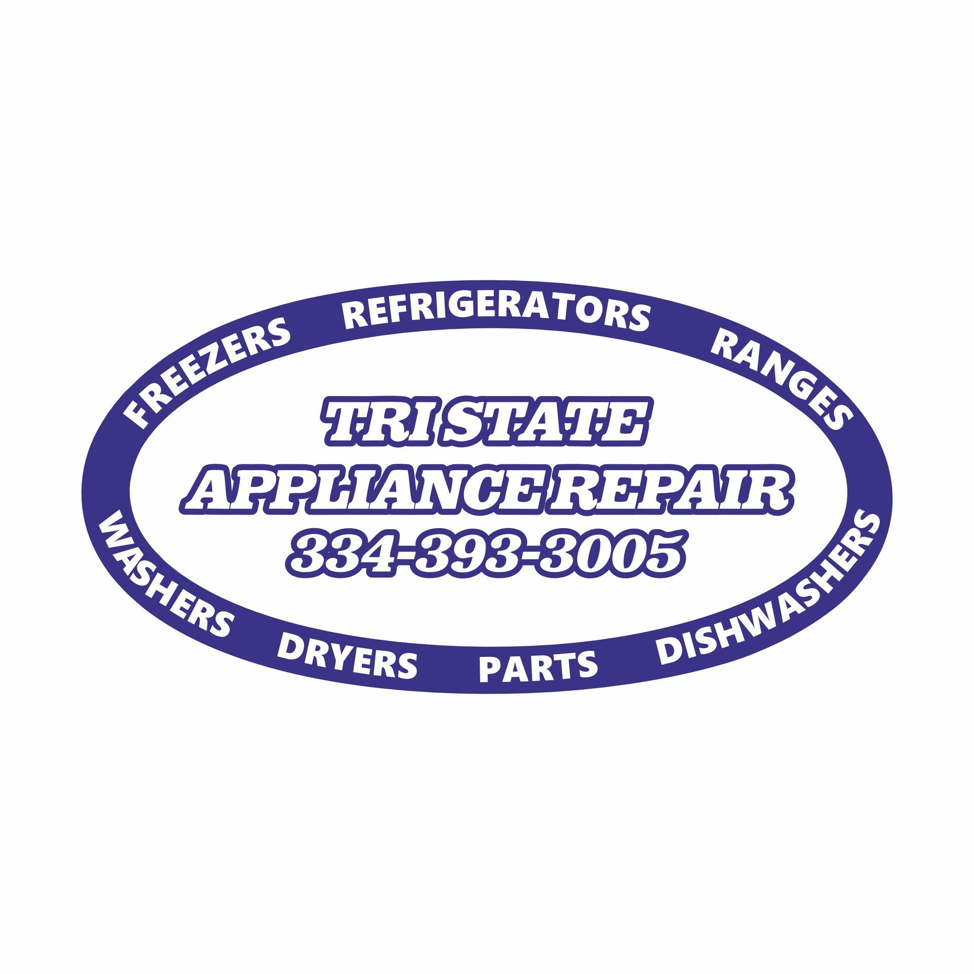 Purple oval Tri State Appliance Repair logo with service categories and phone number 334-393-3005