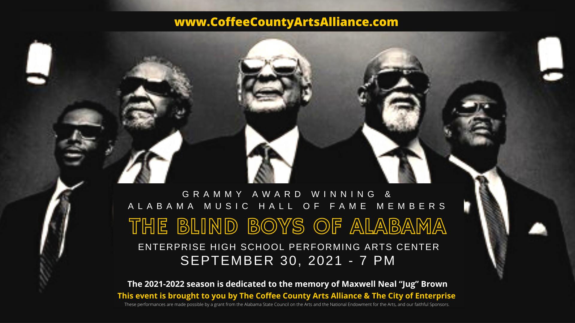 The Blind Boys of Alabama concert announcement. Men in suits and sunglasses. September 30, 2021, at the Enterprise HS Performing Arts Center.