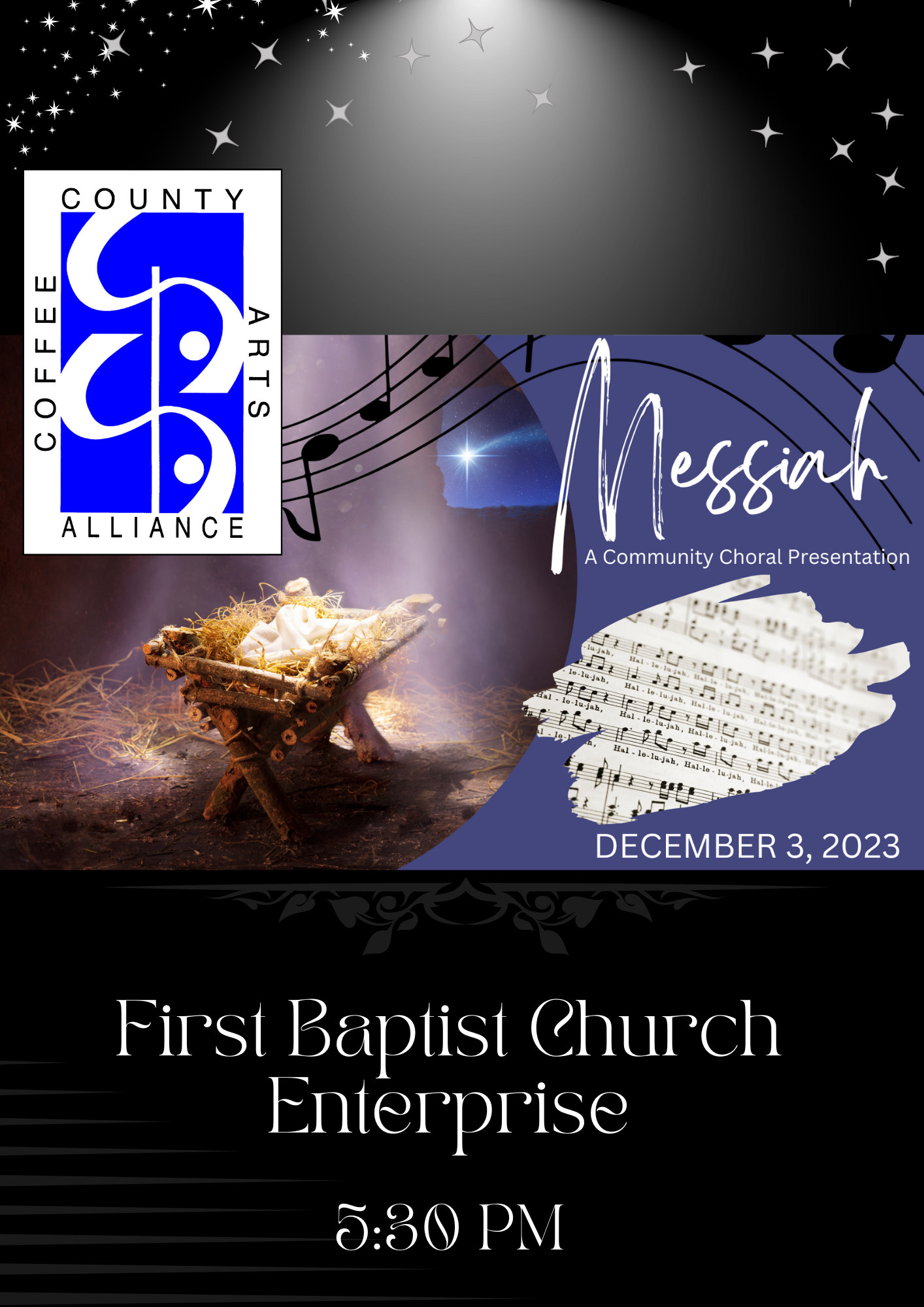Poster for a Messiah performance at First Baptist Church in Enterprise on December 3, 2023, featuring a nativity scene.