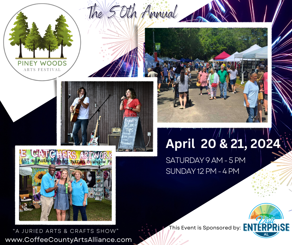 Poster for the 50th Annual Piney Woods Arts & Crafts Show, April 20-21, 2024, with photos of vendors, musicians, and attendees.