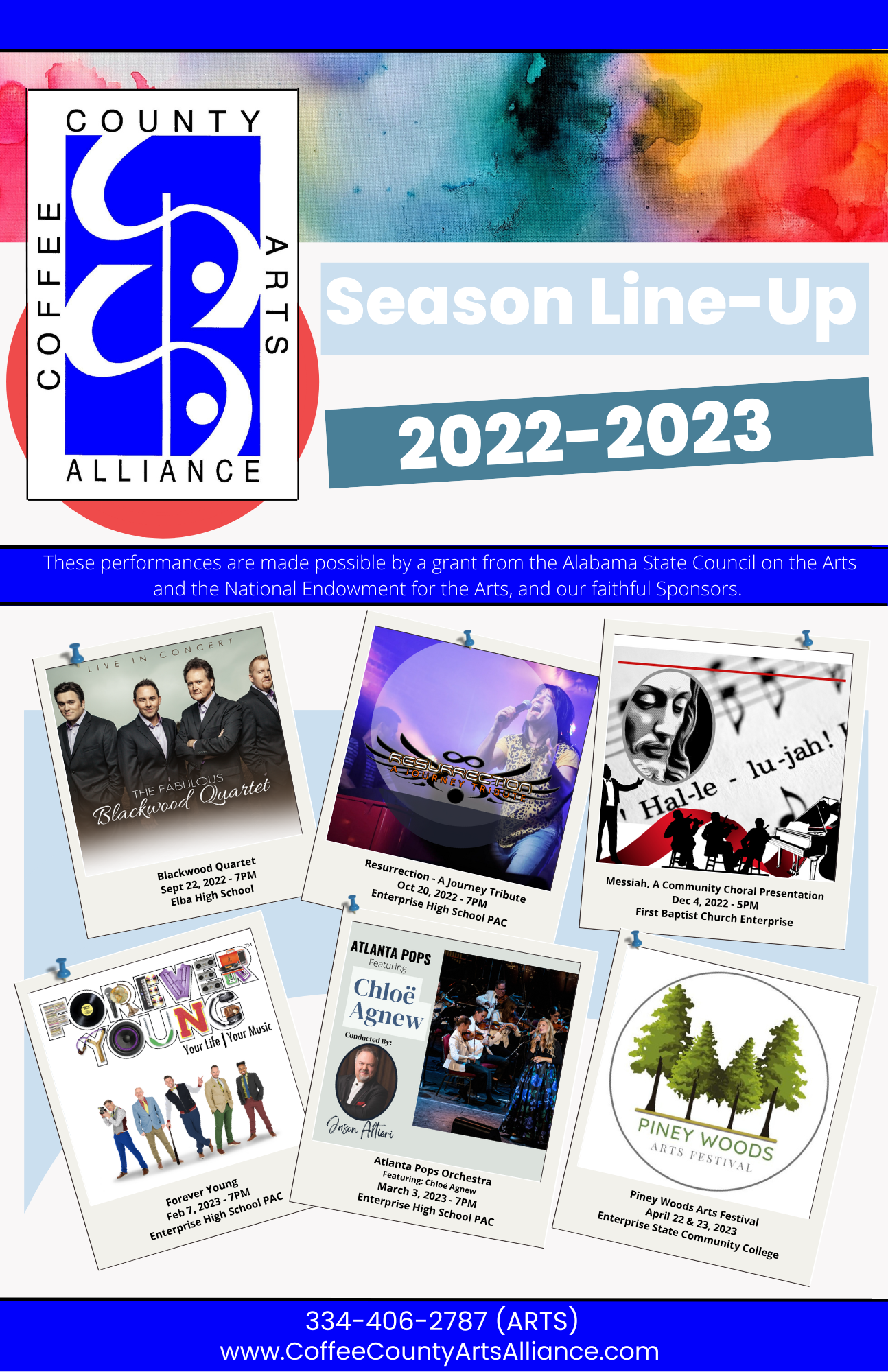 Poster for County Arts Alliance 2022-2023 season. Features six event images, blue and white color scheme.