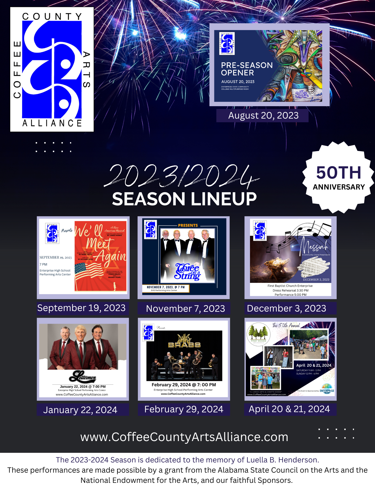 Coffee County Arts Alliance season lineup announcement. Includes event dates and logos.
