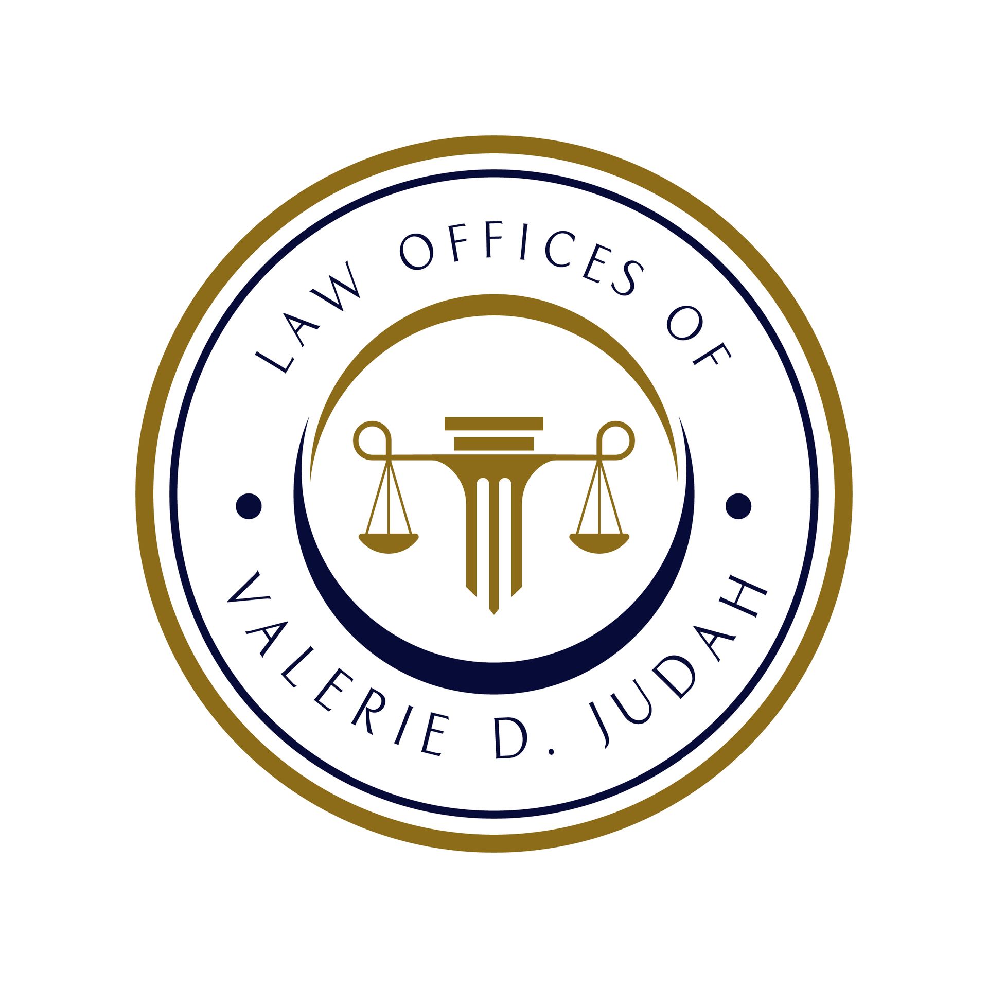Logo: Law Offices of Valerie D. Judah, scales of justice, gold and navy blue colors.