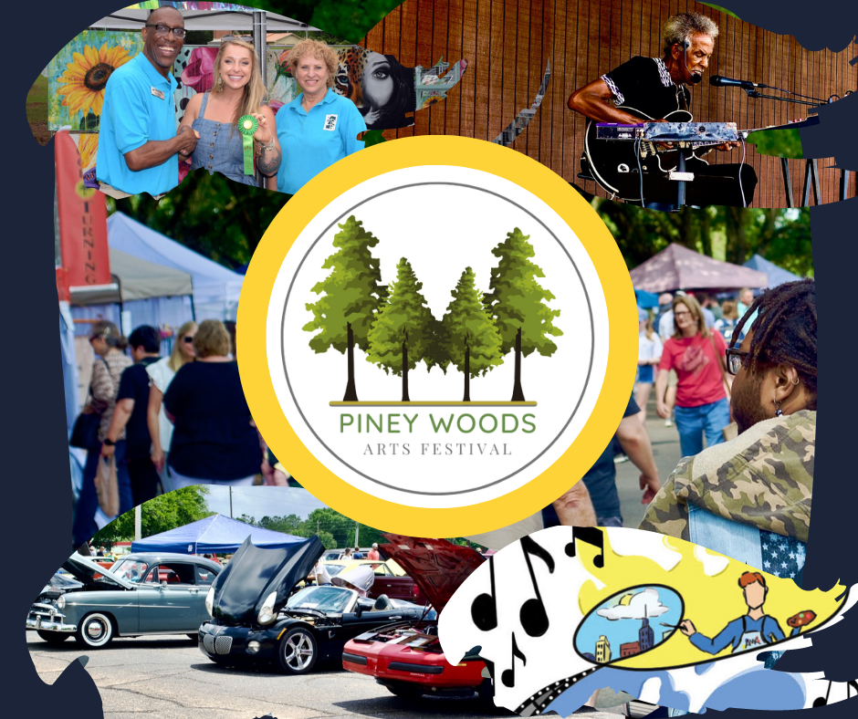Piney Woods Arts Festival poster. Features musicians, classic cars, people, and a logo with trees on a yellow circle.