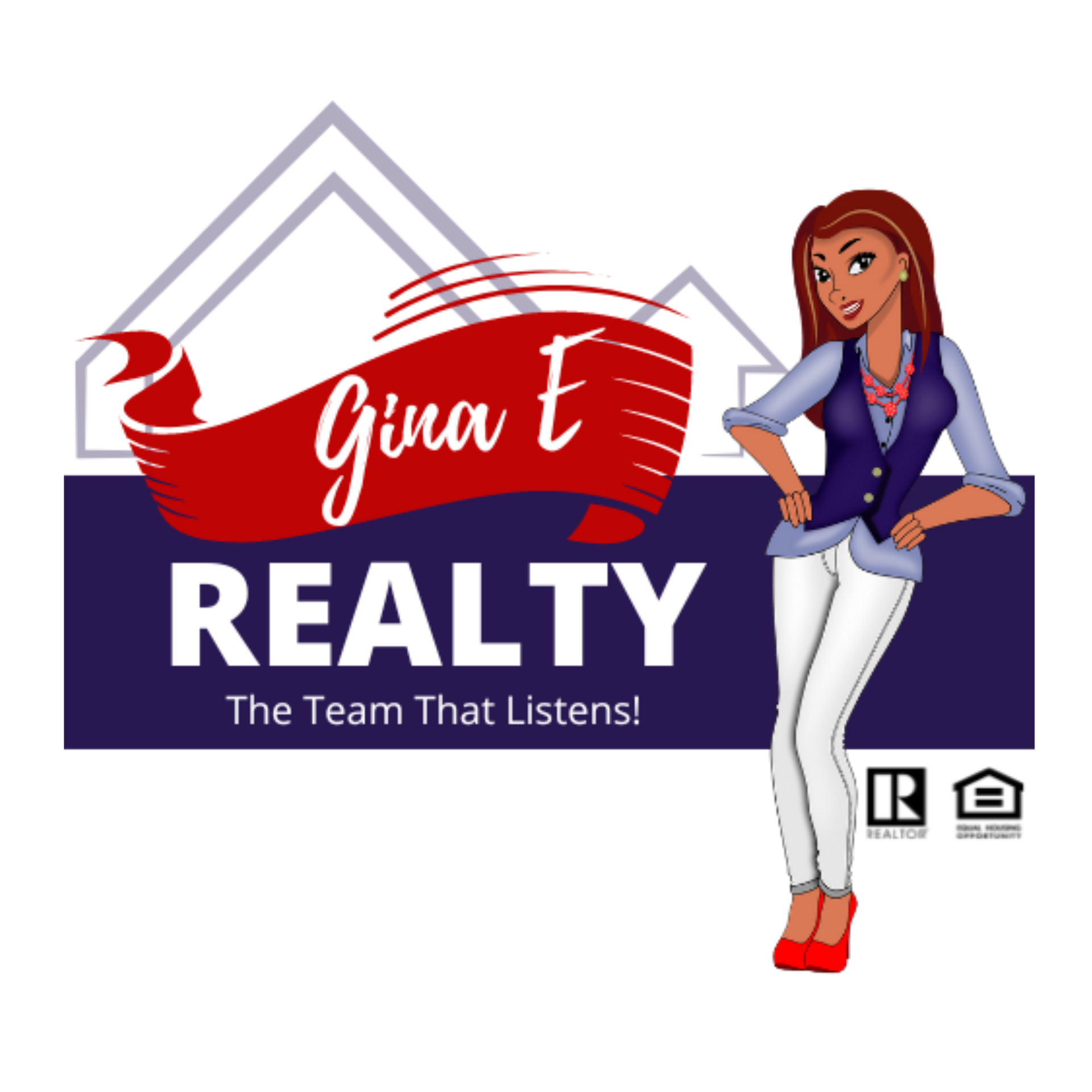 Gina E Realty logo with cartoon woman, red ribbon, house silhouettes, and text.