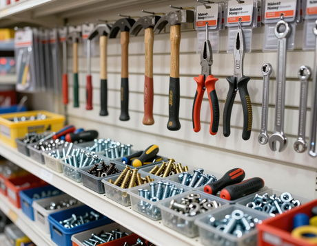 Parete attrezzata dell'officina con pinze e chiavi inglesi appese sopra contenitori ordinati di viti e componenti.