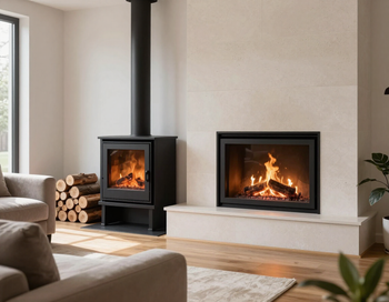 Soggiorno moderno con stufa a legna nera, camino integrato, legna accatastata e sedute beige.