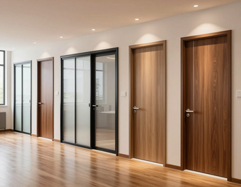 Corridoio moderno per ufficio con porte divisorie in vetro e porte in legno su pavimento in legno lucido.
