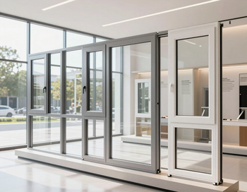 Showroom moderno con ampie porte a soffietto in vetro e luminosa luce naturale.