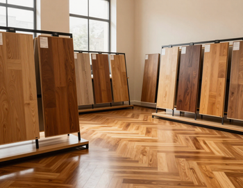 File di campioni di parquet su scaffali in un luminoso showroom con pavimento in parquet a spina di pesce