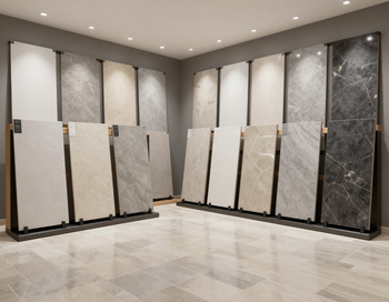 Showroom con grandi lastre di pietra e marmo esposte su piedistalli lungo le pareti