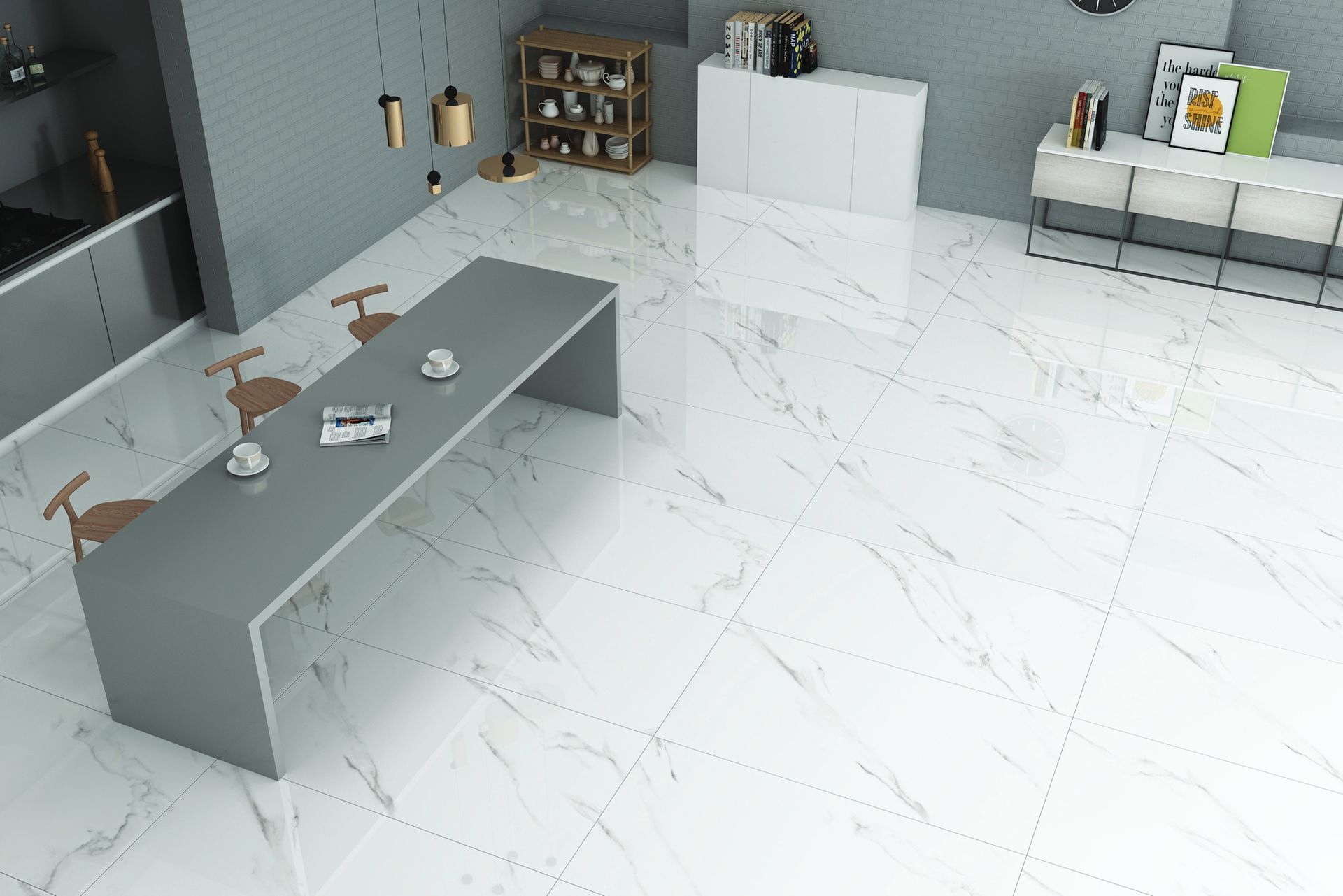 Cucina moderna e minimalista con isola grigia, pavimento in marmo bianco e scaffalature in una stanza luminosa.