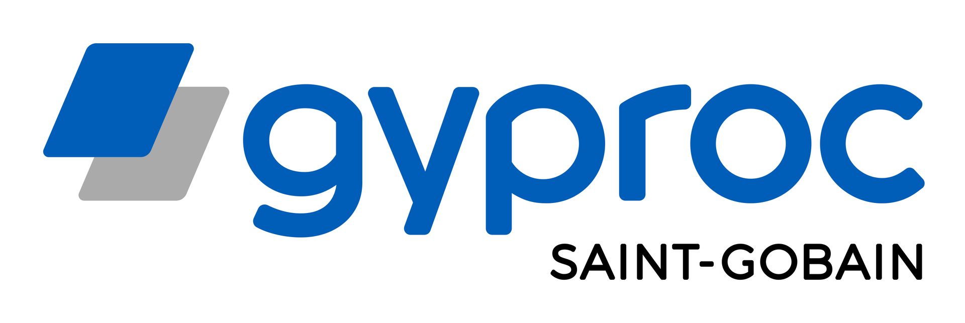 Logo di Gyproc Saint-Gobain in blu e grigio su sfondo bianco.