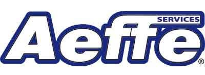 Logo di Aeffe Services in testo blu e bianco con un design stilizzato in corsivo.