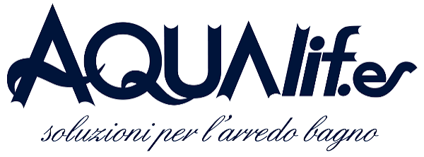Logo AQUA Life con lo slogan “soluzioni per l'arredo bagno” in corsivo blu su sfondo chiaro