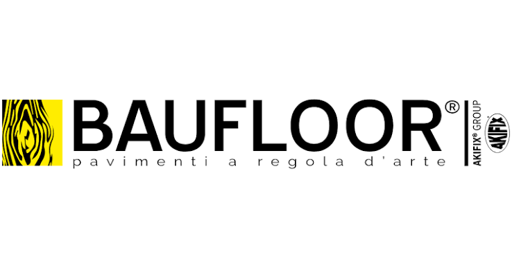 Logo BAUFLOOR con testo nero, icona a strisce di tigre gialle e piccolo slogan grigio su sfondo bianco.