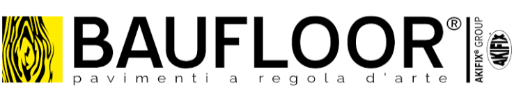 Logo BAUFLOOR con emblema giallo e nero e slogan “pavimenti e regolari d'arte”