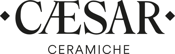 Logo CESAR CERAMICHE nero con simboli a forma di diamante su sfondo bianco.
