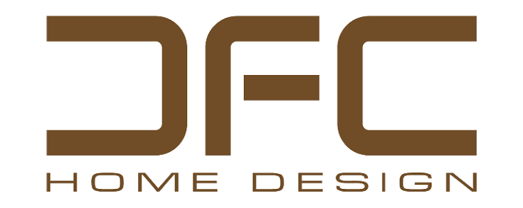 Logo JFC Home Design in marrone con lettere stilizzate e testo minimalista su sfondo bianco.