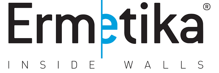Logo di Ermetika con lo slogan “inside walls” in nero e blu su sfondo bianco.