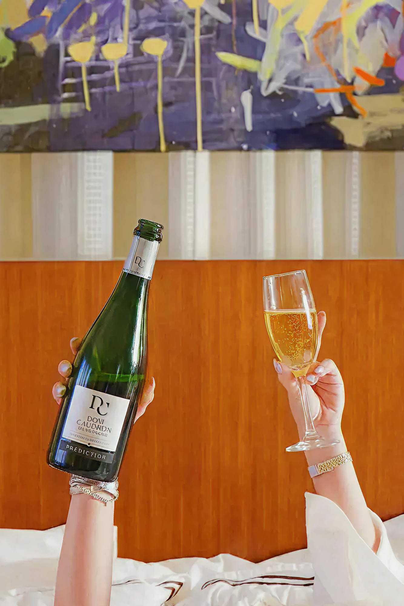 Hands hold a champagne bottle and glass in a bedroom; celebratory toast with bright abstract art backdrop.