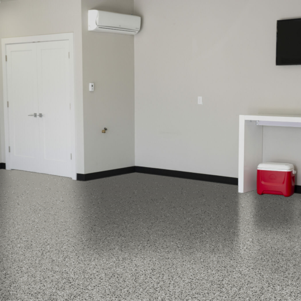 Epoxy Coating was installed in a garage with the color blend Domino.