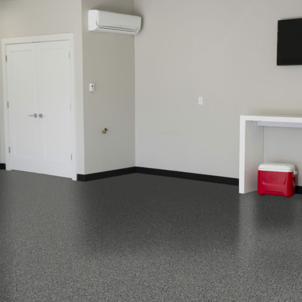 A view of a commercial space with Nightfall color concrete coating flakes