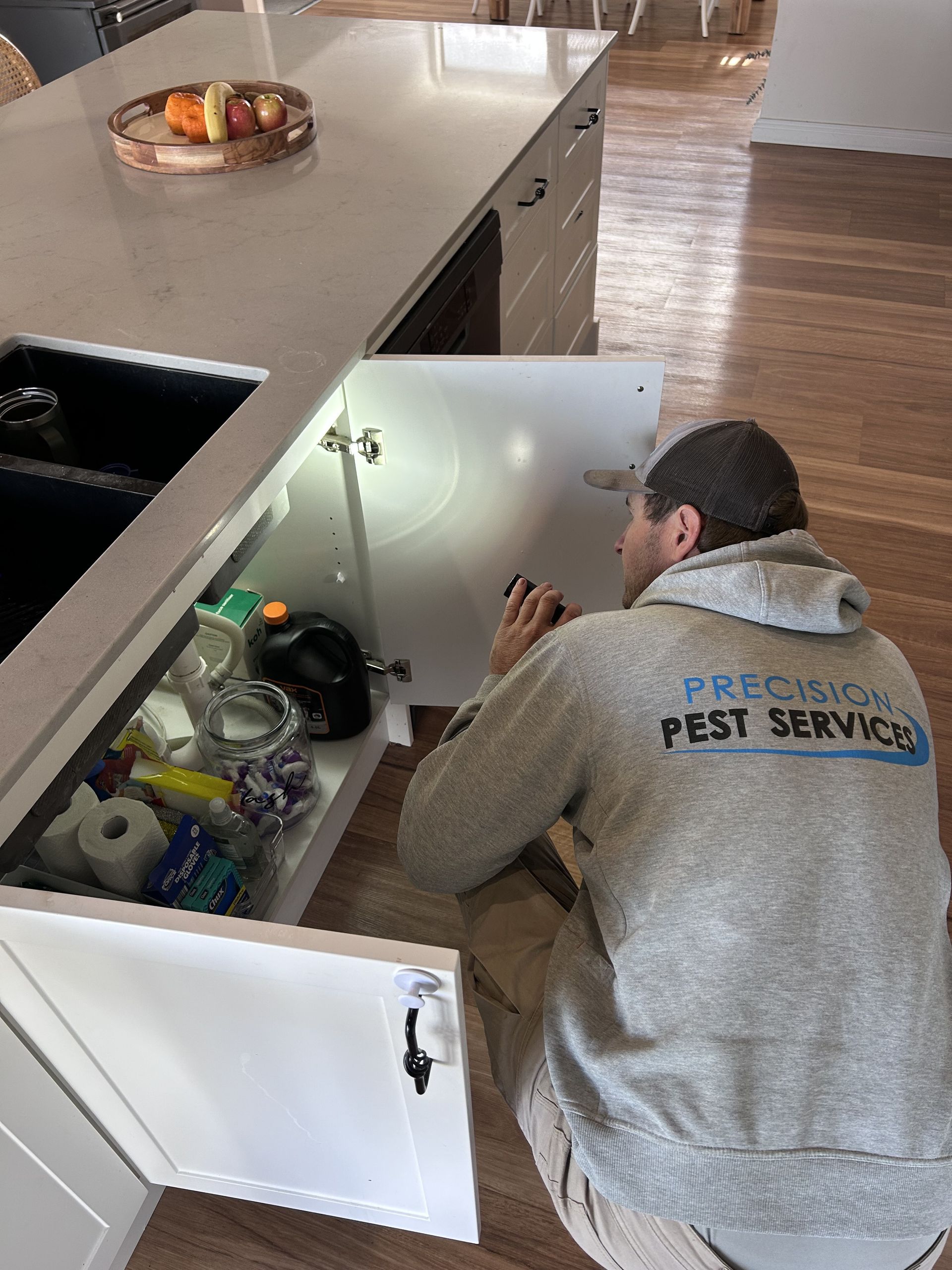 A Man looking under a kitchen cabinet inspecting for pests — Precision Pest Services in Wherrol Flat, NSW