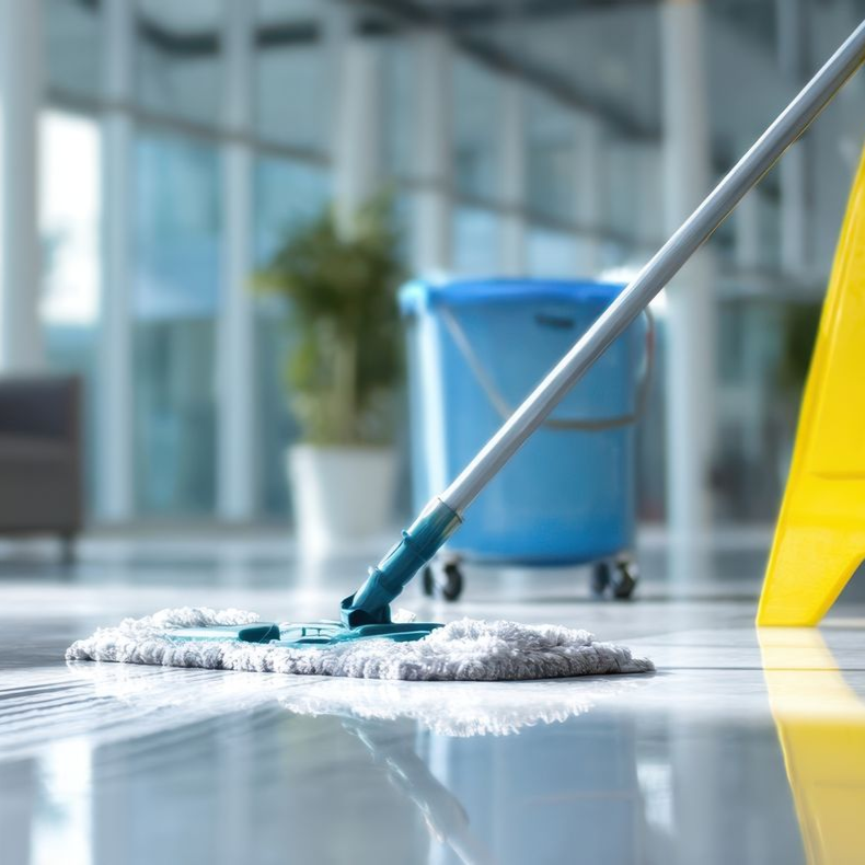 A floor mop with a white head cleans a shiny, indoor floor, with a blue bucket and a yellow wet floor sign nearby.