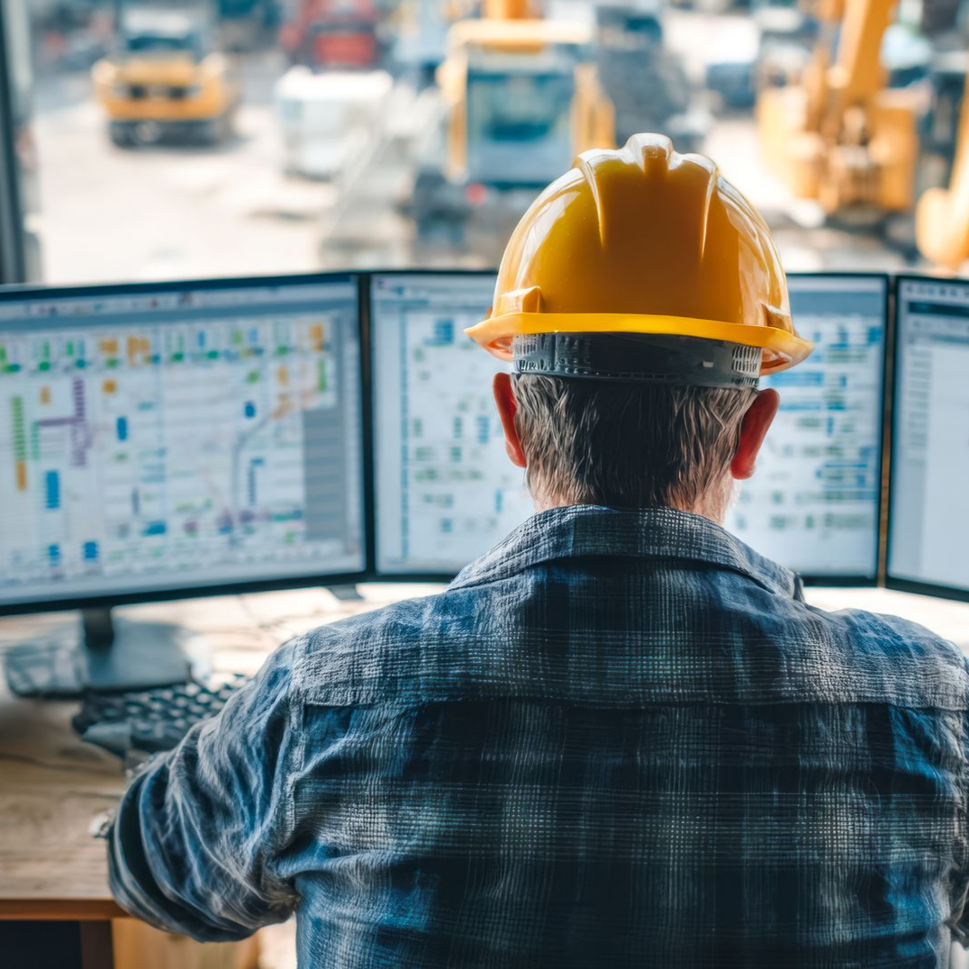A person in a yellow hard hat and plaid shirt faces three computer monitors displaying industrial schematics.