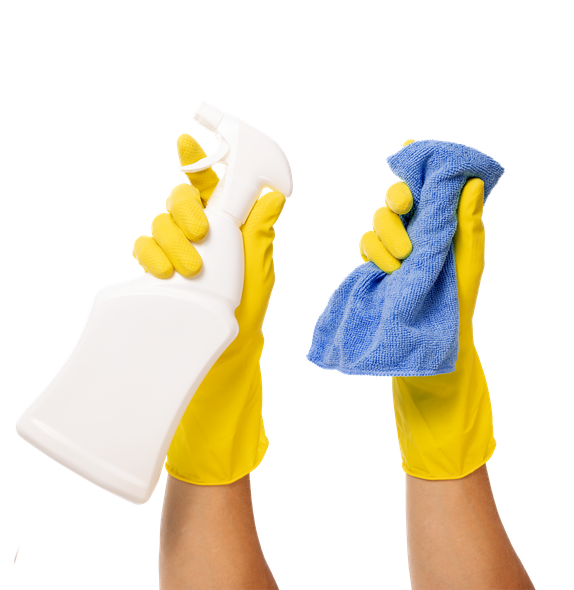 Two hands wearing yellow rubber gloves, one holding a white spray bottle and the other a blue cleaning cloth.