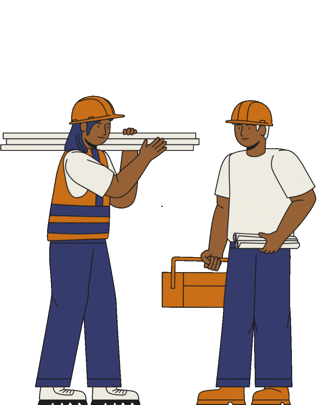 A man is carrying a stack of pipes and a woman is holding a toolbox.