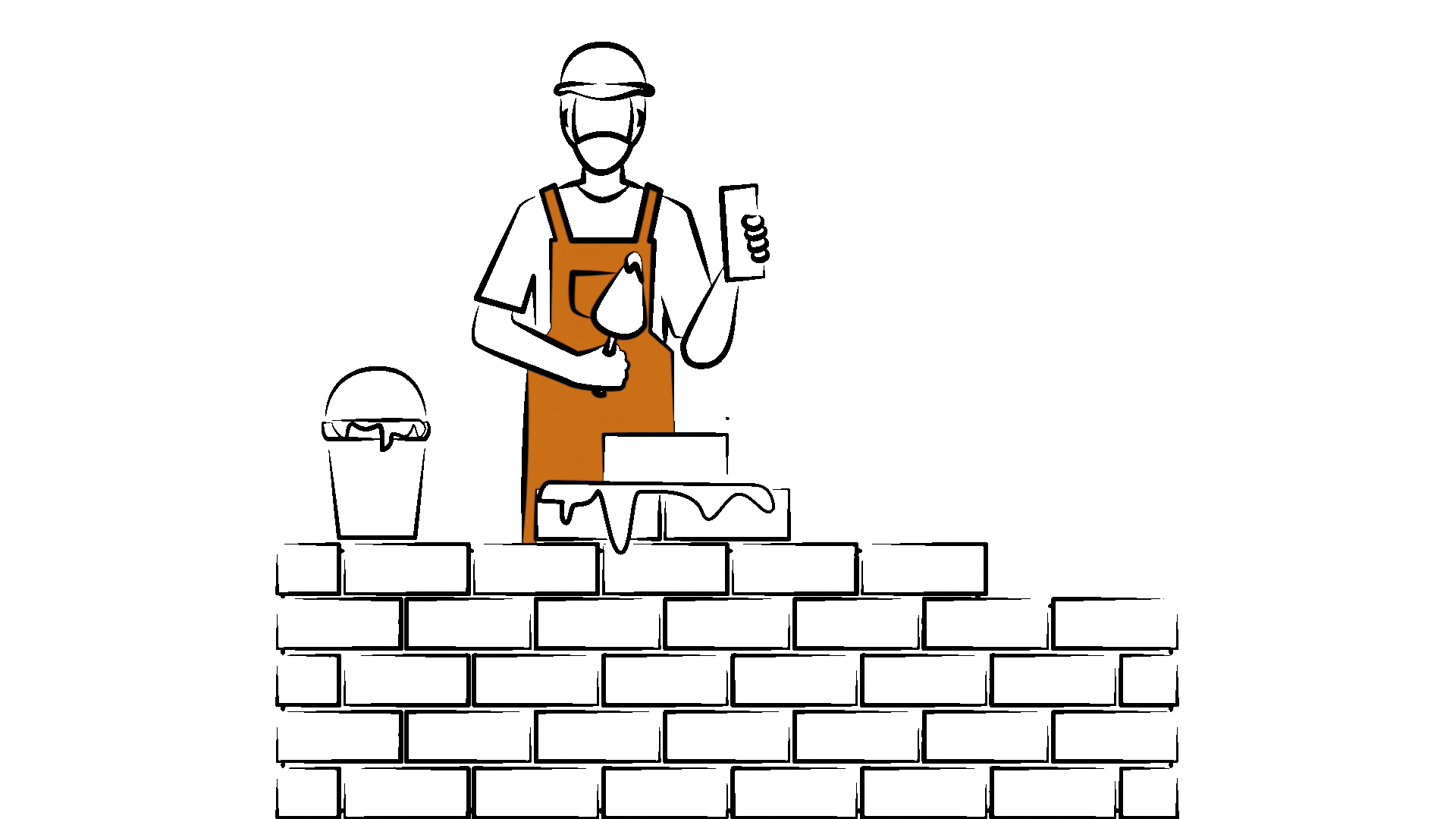 A construction worker is standing on top of a brick wall.