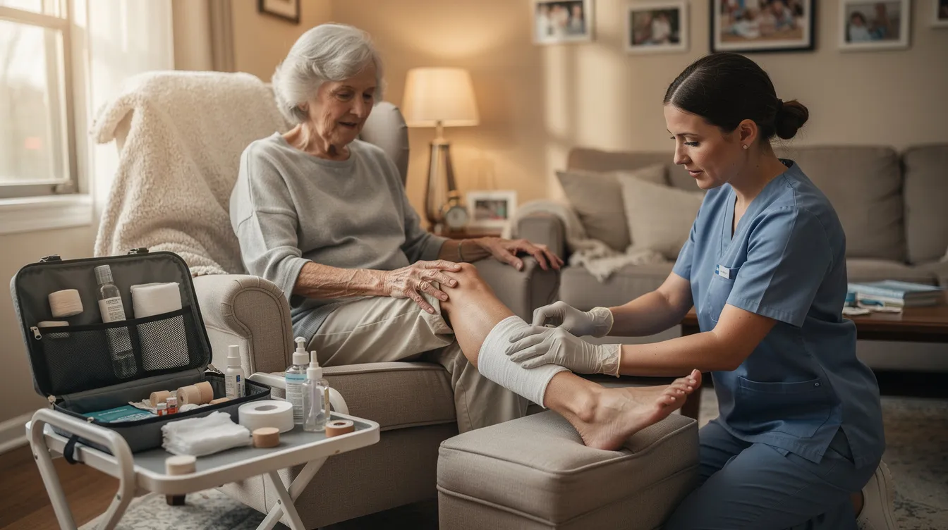 A wound care specialist is assisting an elderly patient at home, focusing on the treatment of a chronic wound on their leg. The specialist is using advanced techniques to promote healing and prevent complications, ensuring the patient receives the necessary medical attention for their recovery.