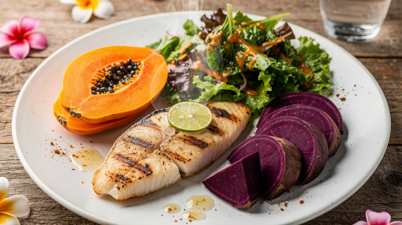 Grilled fish with lime, roasted sweet potato, purple yam slices, and greens on a white plate