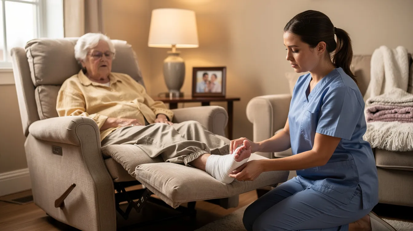 An elderly patient is resting comfortably at home while a caregiver inspects the foot dressing to ensure proper wound care. The caregiver's attention to the wound site promotes healing and aids in the wound healing process, which involves stages such as inflammation and tissue regeneration.