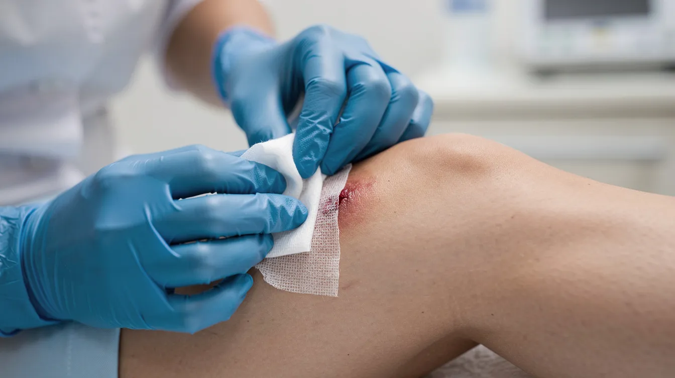 A healthcare professional is seen closely applying a wound dressing to a patient's lower leg, emphasizing the importance of proper wound care in the wound healing process. This image highlights the critical stages of wound healing, including the inflammatory phase and the proliferation phase, as the professional ensures the wound is clean and covered to promote optimal healing.