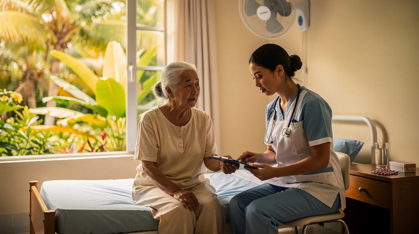 Nurse consulting an elderly patient on a bed in a sunlit hospital room
