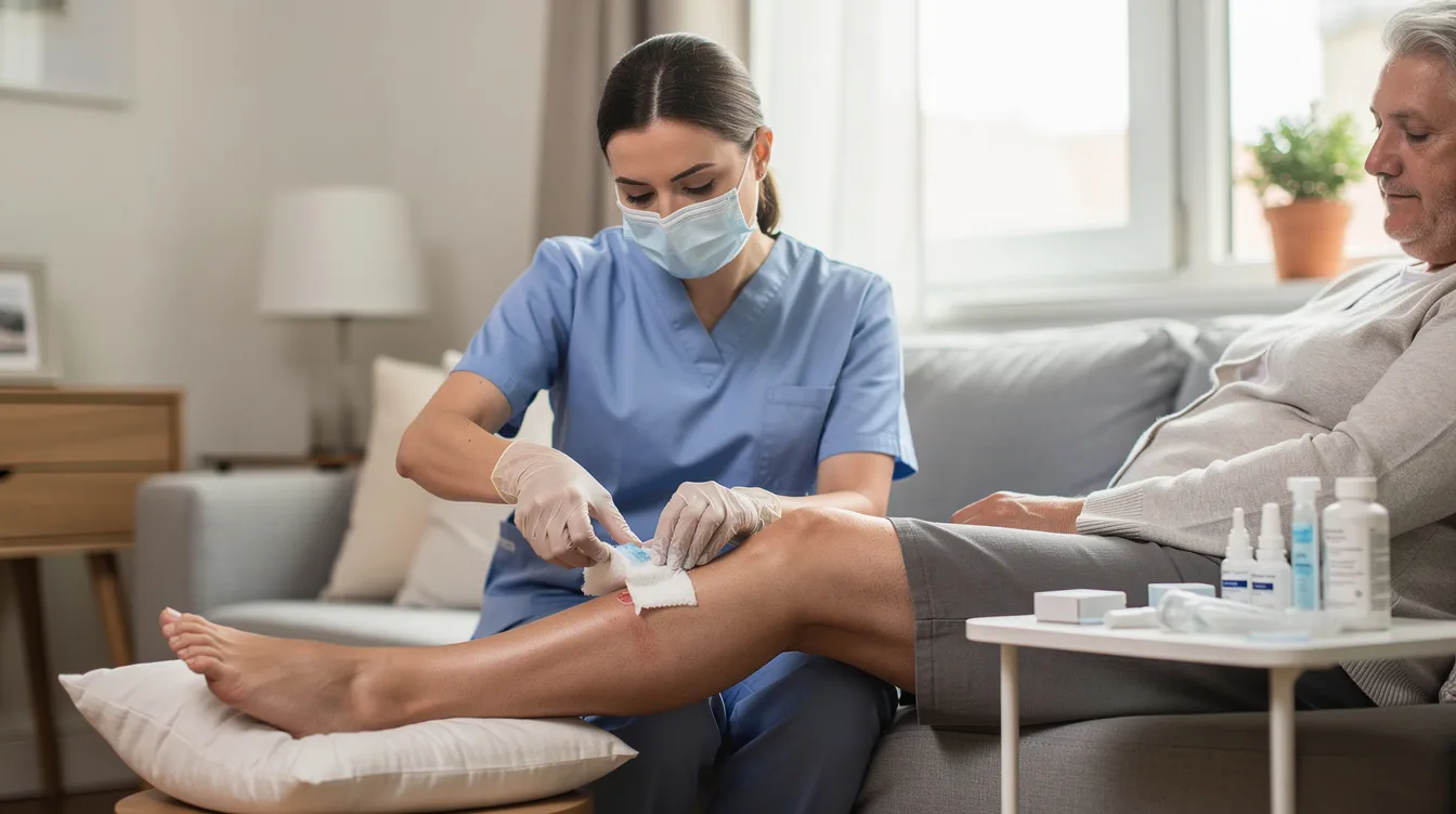 A nurse is gently changing a wound dressing on a patient's leg in a clean home environment, ensuring the wound area is properly cared for to promote healing and prevent infection. The nurse carefully examines the wound edges and surrounding skin while applying a thin layer of ointment to keep the wound covered and dry.