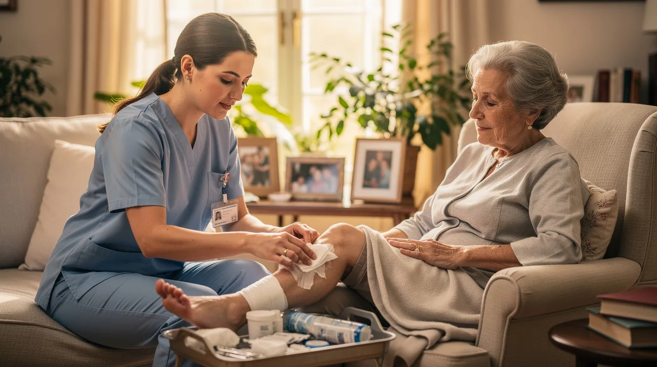 Caregiver in blue scrubs bandages an elderly woman's knee in a cozy living room