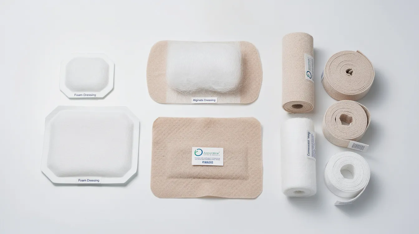 The image displays a variety of wound care dressings and medical supplies, including foam pads, alginate dressings, and compression wraps, neatly arranged on a clean surface, highlighting the importance of comprehensive wound care for effective healing outcomes. This assortment is vital for treating conditions such as diabetic foot ulcers and pressure ulcers, ensuring patients have access to advanced therapies in Hawaii.