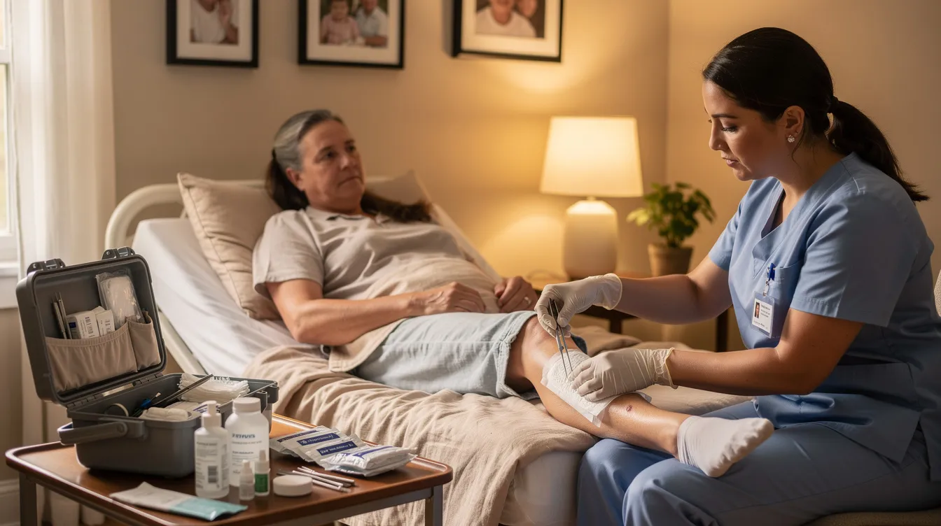 A healthcare professional is conducting a wound assessment at a patient's bedside in a comfortable home setting, focusing on the healing outcomes of non-healing wounds. This scene illustrates the importance of coordinated care and advanced therapies, such as negative pressure wound therapy, for effective treatment and recovery.