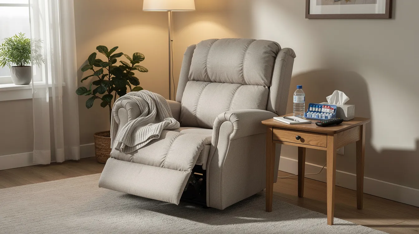 Beige recliner in a cozy living room beside a side table, lamp, plant, and window with curtains