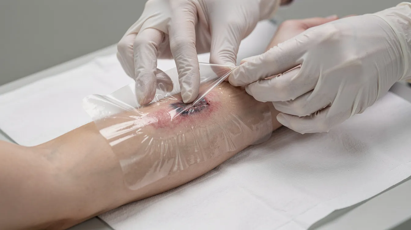 A close-up image shows hands carefully applying a transparent waterproof film dressing over an open wound on a forearm, emphasizing the importance of proper wound care to prevent infection and promote the healing process. The dressing is designed to keep the wound dry while protecting it from excess moisture and bacteria.
