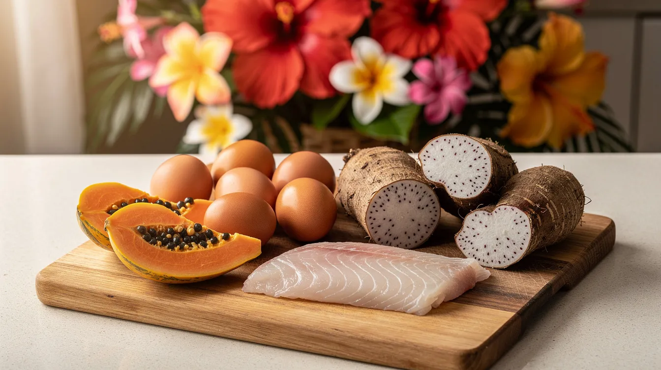 The image features a wooden cutting board adorned with fresh eggs, vibrant papaya slices, a piece of taro root, and a fillet of fish, all beautifully complemented by tropical flowers in the background. This arrangement showcases nutrient-dense foods that promote healing and support overall health.