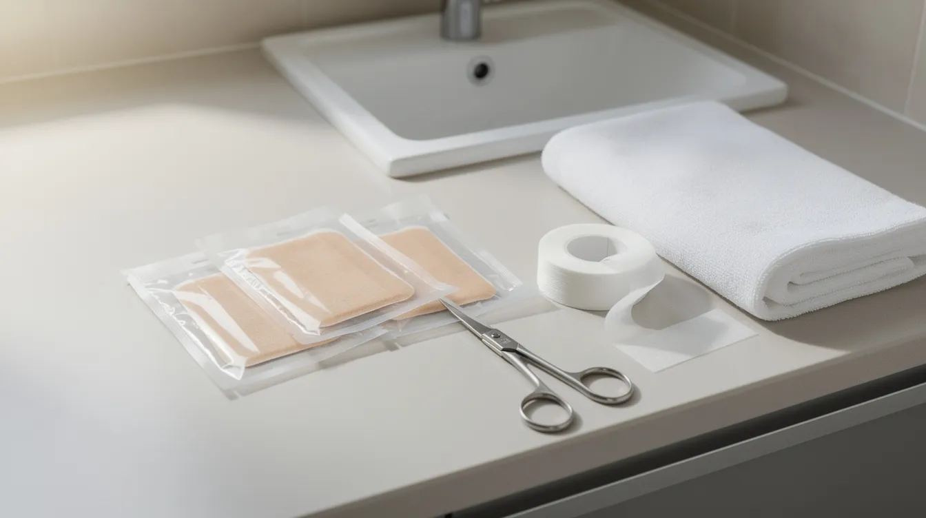 Toiletries and a folded white towel arranged on a bathroom counter beside a sink