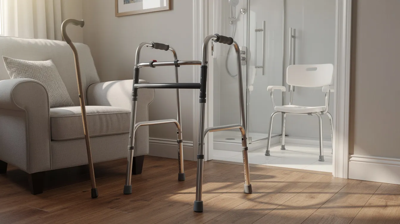 Living room with a walker, cane, and folded white chair on a sunlit wooden floor