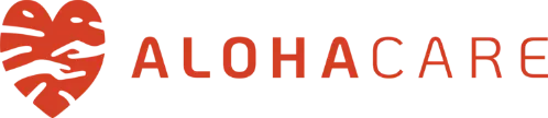 Logo of AlohaCare featuring a red monstera leaf heart icon with two cupped hands in the center, next to the text