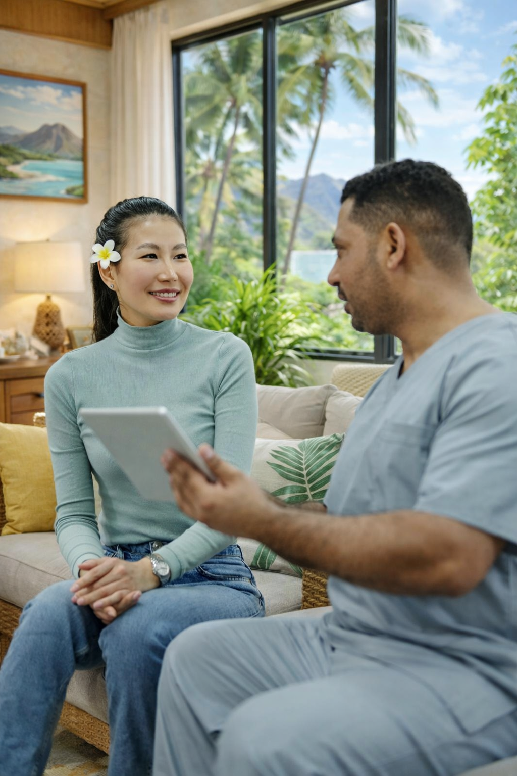 A healthcare professional in scrubs holds a tablet and speaks with a person seated in a modern, brightly lit office.