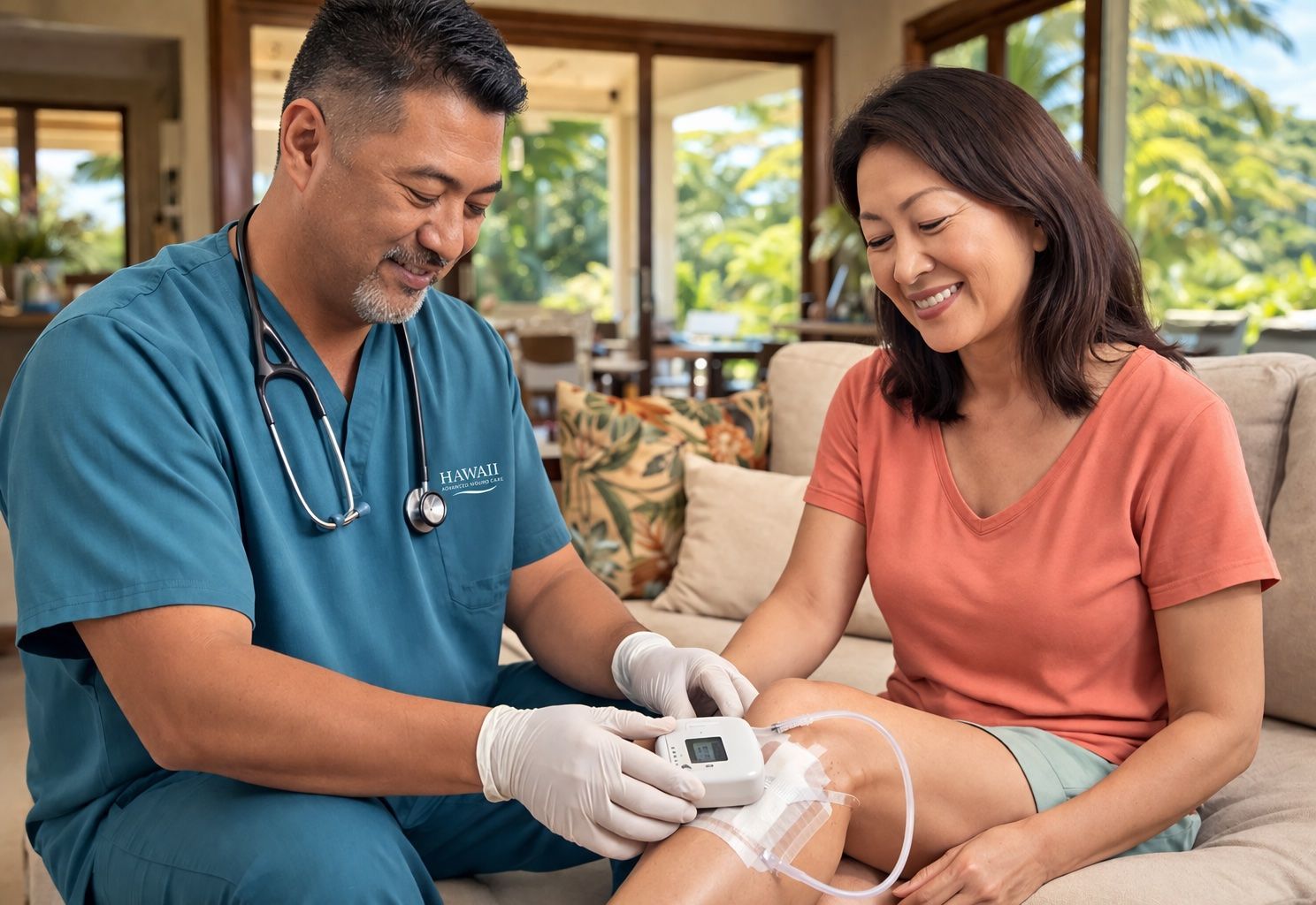 A medical professional in scrubs wears gloves while applying a wound care device to a patient's leg.